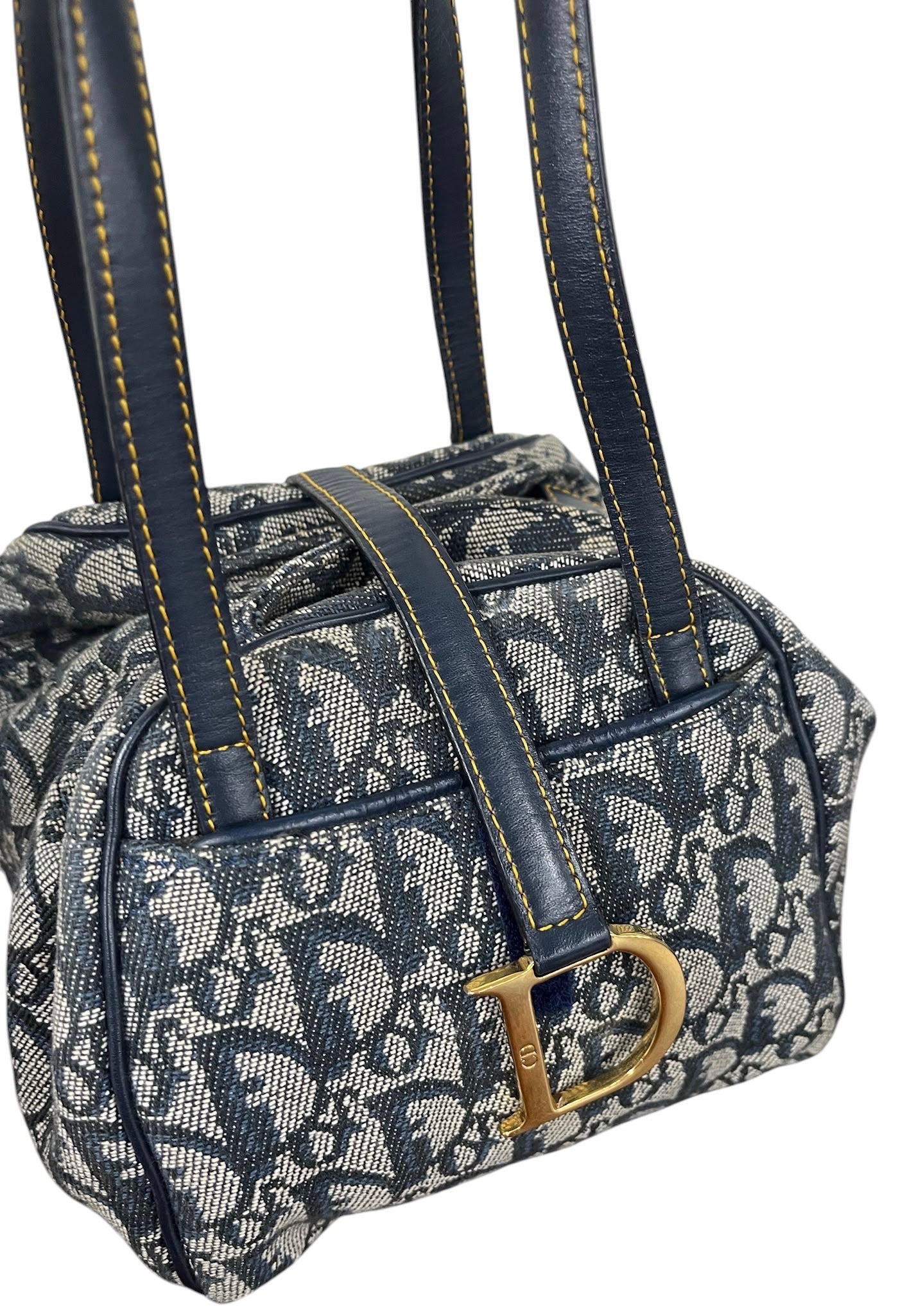 Dior Vintage Navy Blue Trotter Monogram Mini Origami Top Handle Bag