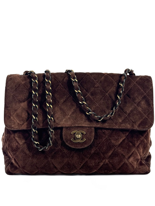 Chanel Vintage 90s Quilted Brown Suede Jumbo Flap Crossbody Bag