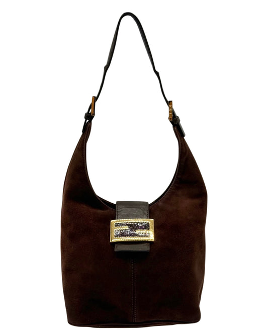 Fendi Vintage Brown Suede Hobo Bucket Shoulder Baguette Bag with Purple Glitter Logo