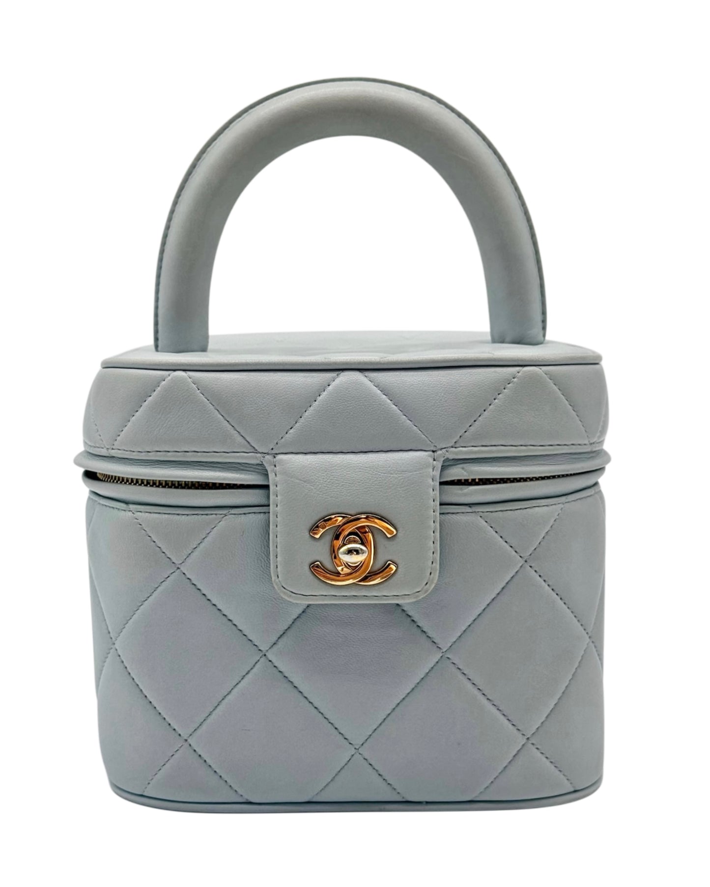 Chanel Vintage 90s Baby Blue Quilted Lambskin Top Handle Vanity Bag w 24K GPHW