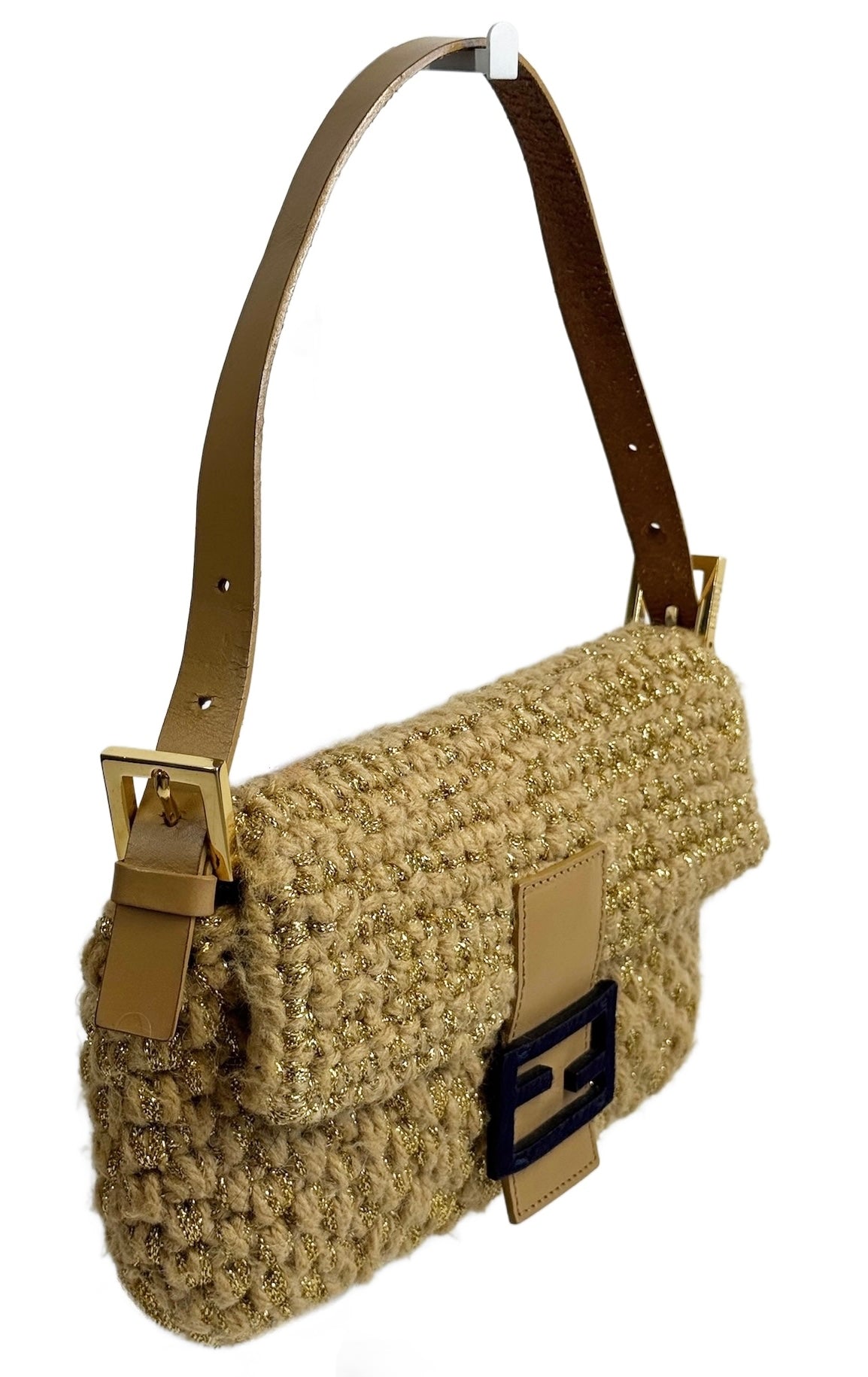 Fendi Vintage Metallic Gold Woven Wool Knit Shoulder Baguette Bag w Purple Pony Hair Logo