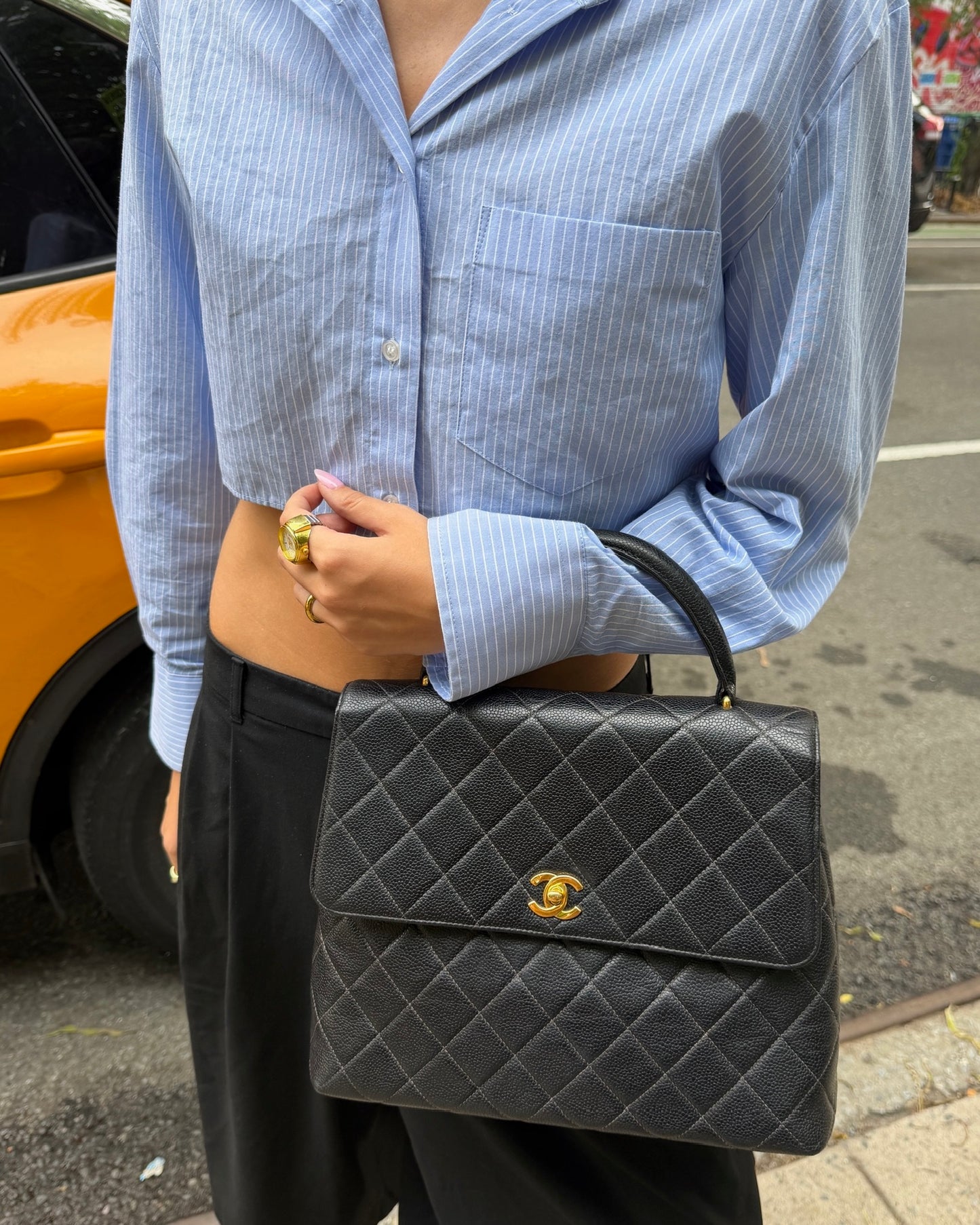 Chanel Vintage 90s Black Quilted Caviar Medium Kelly Top Handle Flap Bag