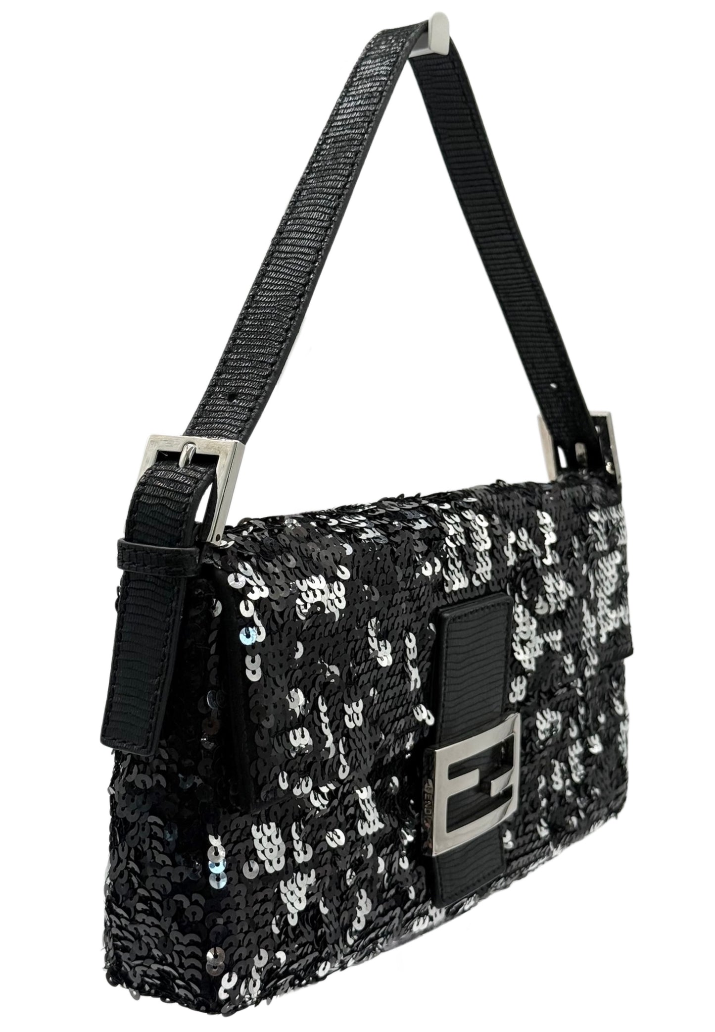 Fendi Vintage Black & Silver Sequin Zucca Monogram Shoulder Baguette Bag w Lizard Trim