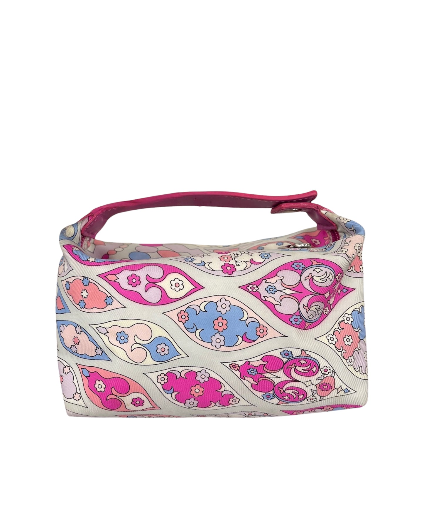 Pucci Vintage Pink & Blue Satin Mini Cosmetic Top Handle Pochette Bag 