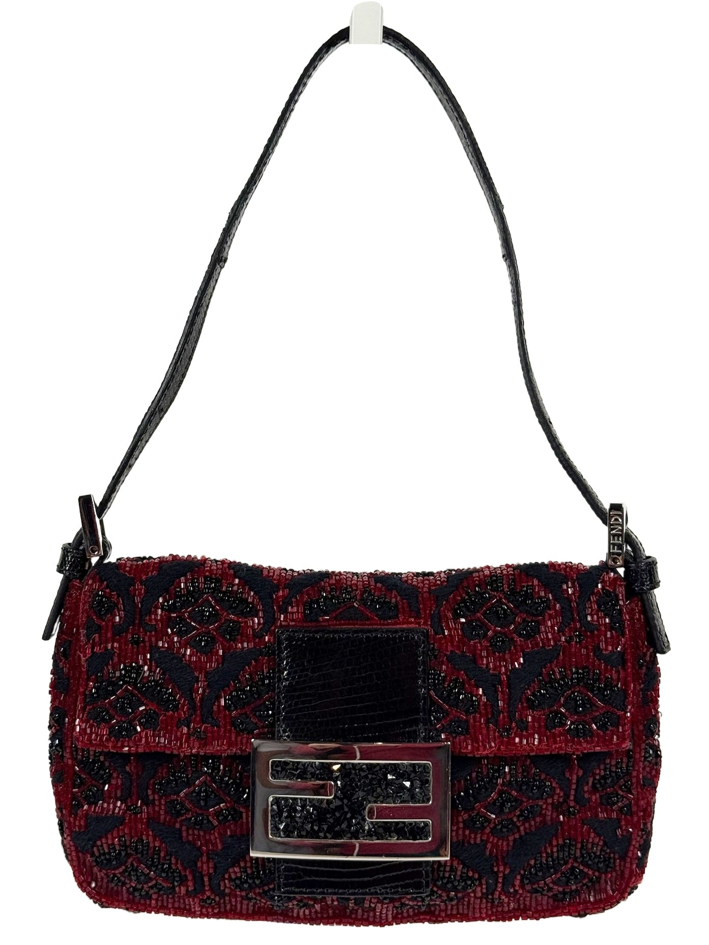 Fendi Vintage Red & Black Beaded Lizard Trim Crystal Embellished Mini Baguette Bag
