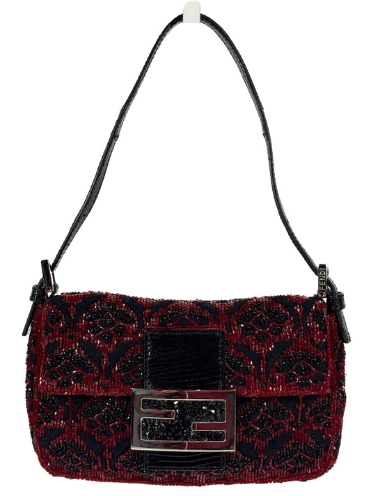 Fendi Vintage Red & Black Beaded Lizard Trim Crystal Embellished Mini Baguette Bag