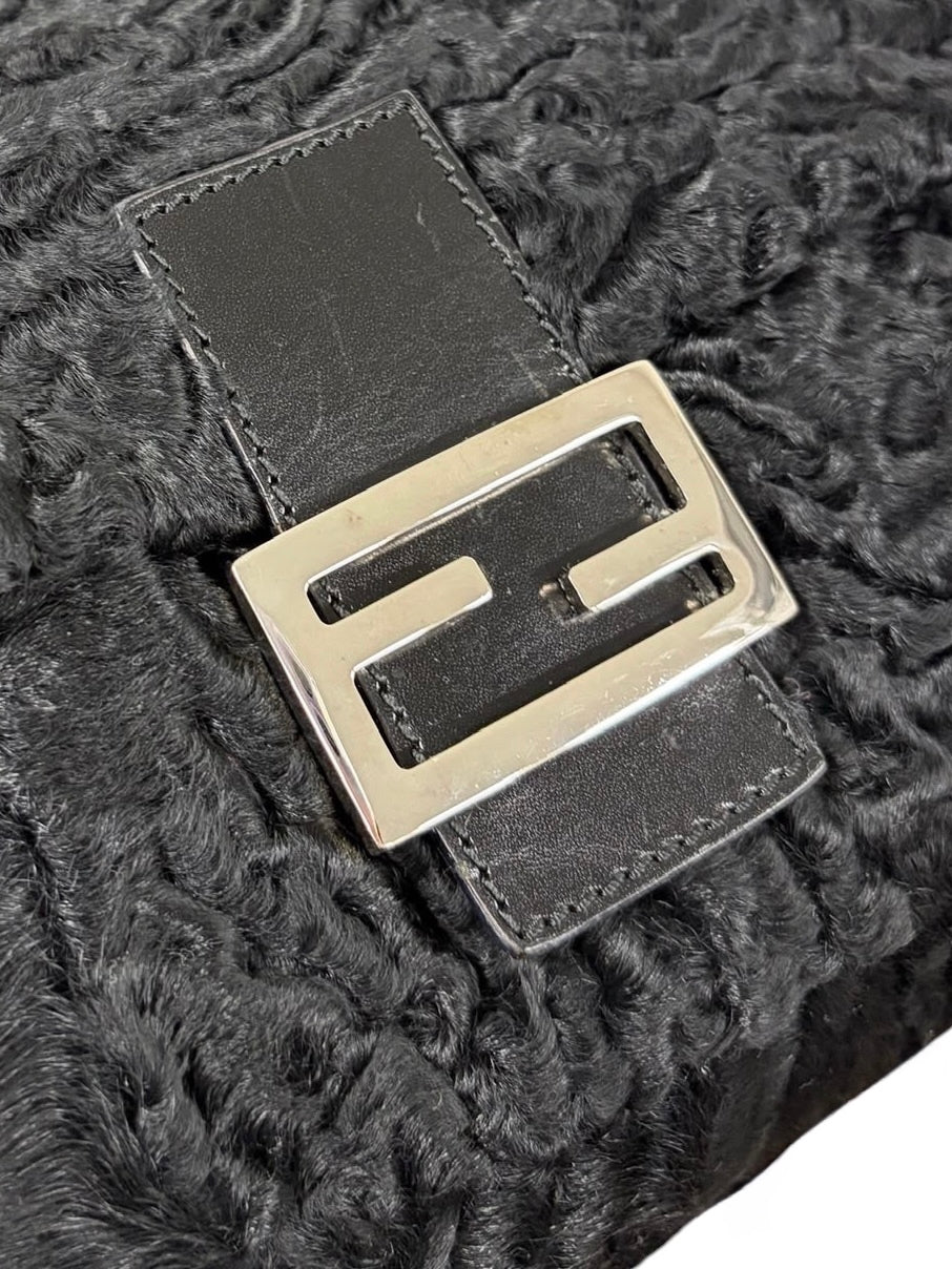Fendi Vintage Black Astrakhan Persian Lamb Fur Mamma Baguette Shoulder Bag 