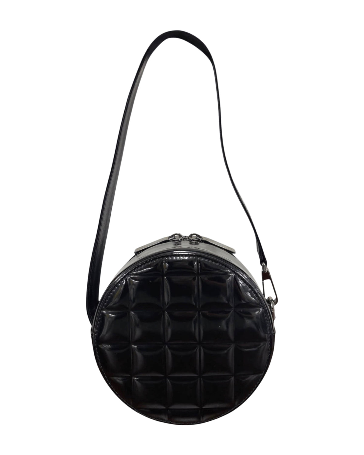Chanel Vintage 00s Black Patent Leather Chocolate Bar Quilted CC Round Shoulder Pochette Bag