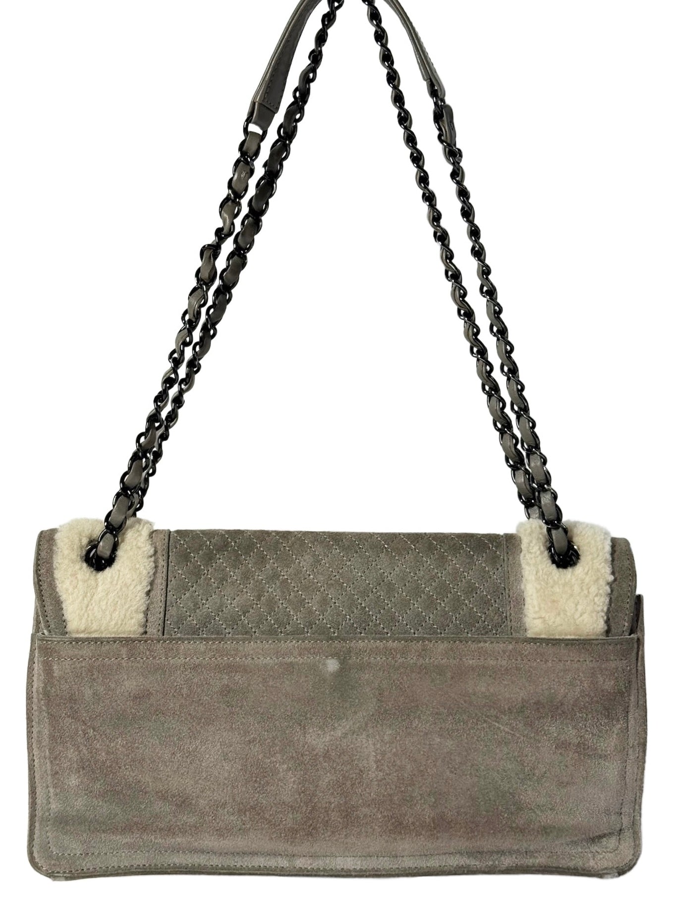 Chanel Gray Quilted Suede & Ivory Shearling Shoulder Flap Bag