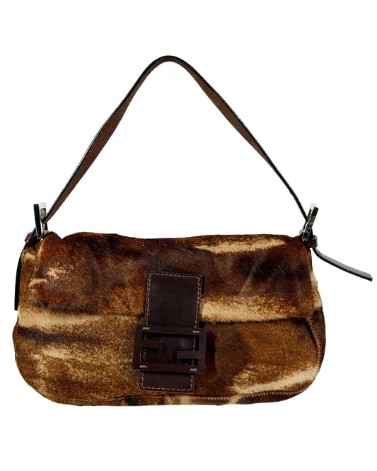 Fendi Vintage Brown Animal Print Pony Hair Baguette Shoulder Bag