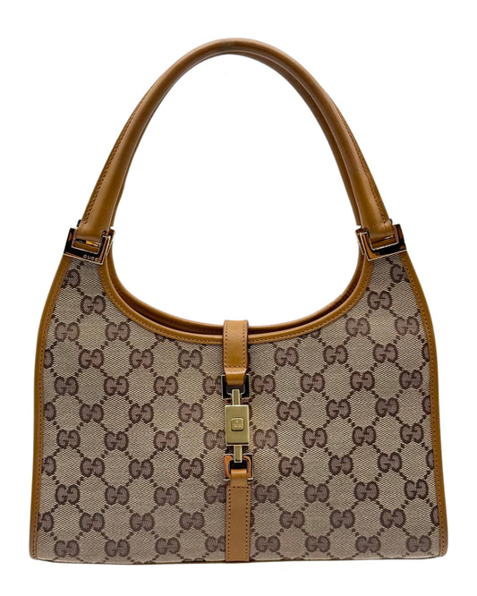 Gucci Brown GG Monogram Small Jackie Shoulder Bag with Light Brown Trim