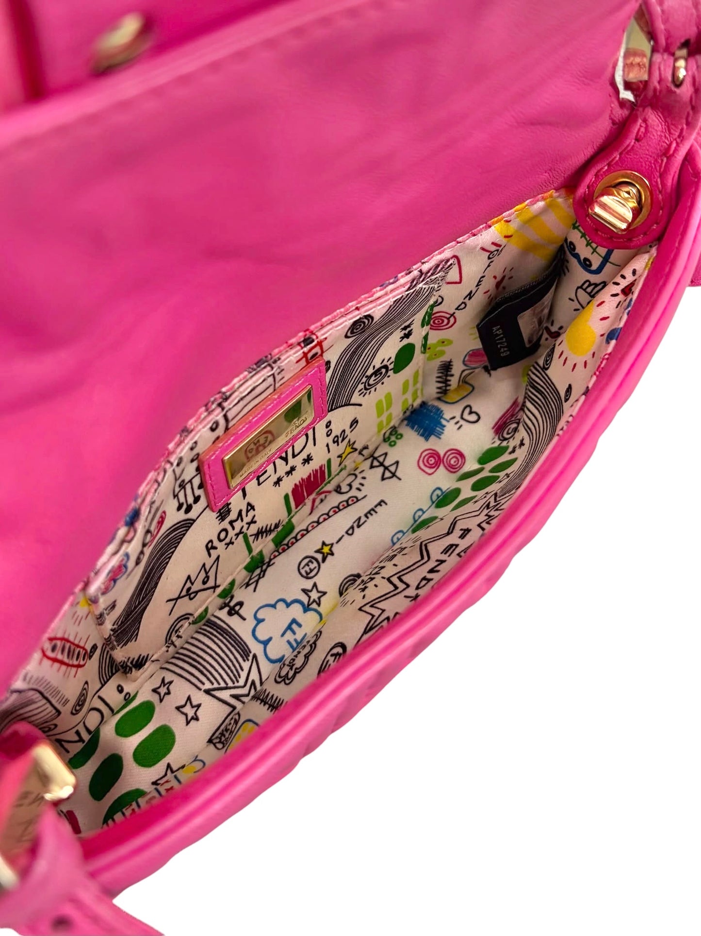 Fendi Pink Embossed Nappa Leather Logo Mini Shoulder Baguette Bag
