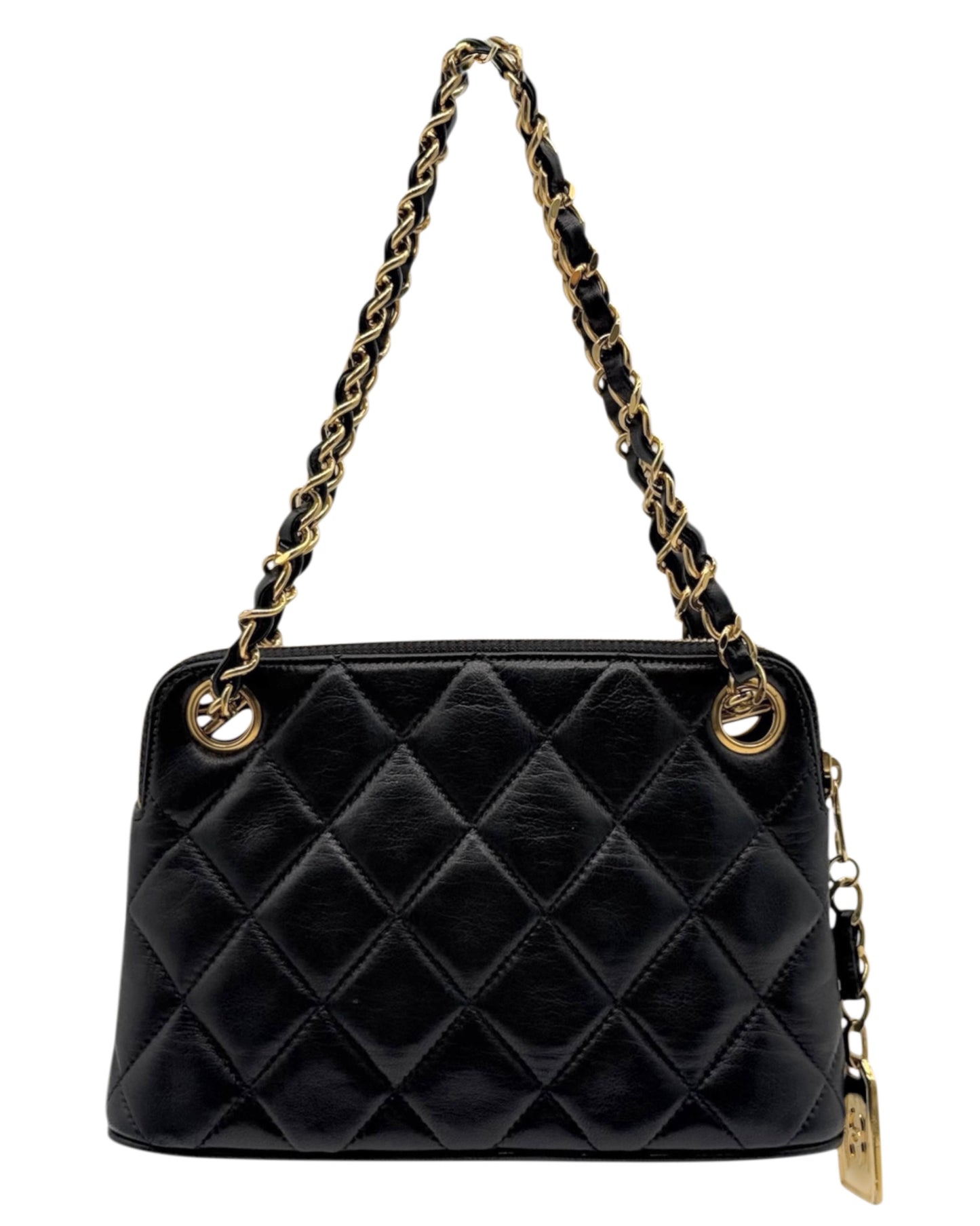 Chanel Vintage Black Quilted Lambskin Mini Chain Tag Top Handle Bag w 24K GPHW