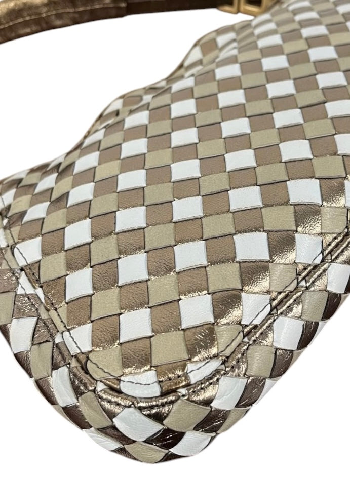 Bottega Venteta Vintage Metallic Gold Intrecciato Leather Medium Shoulder Bag