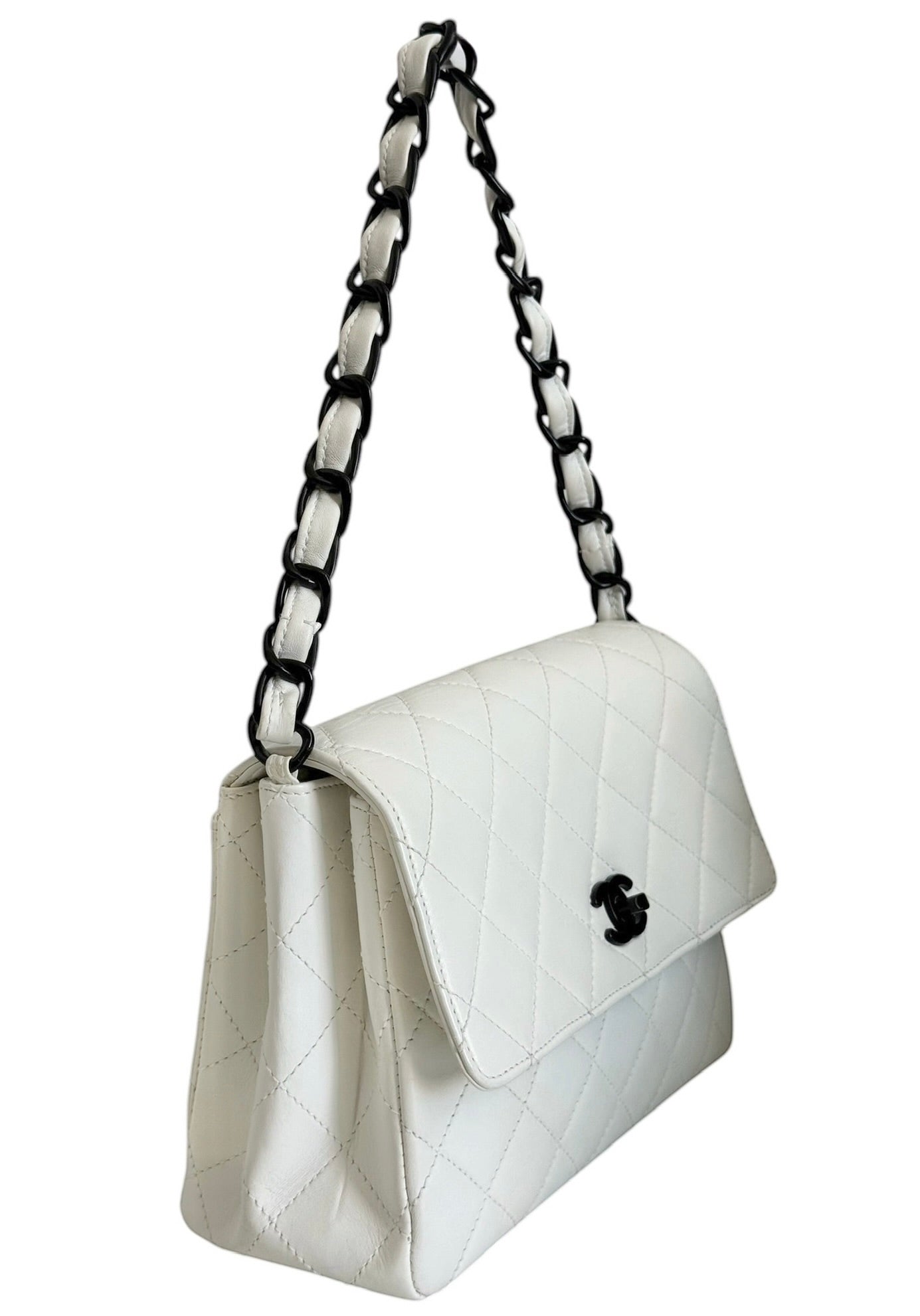 Chanel Vintage 90s White Quilted Lambskin Medium Square Flap Shoulder Bag with So Black Hardware - Retouched