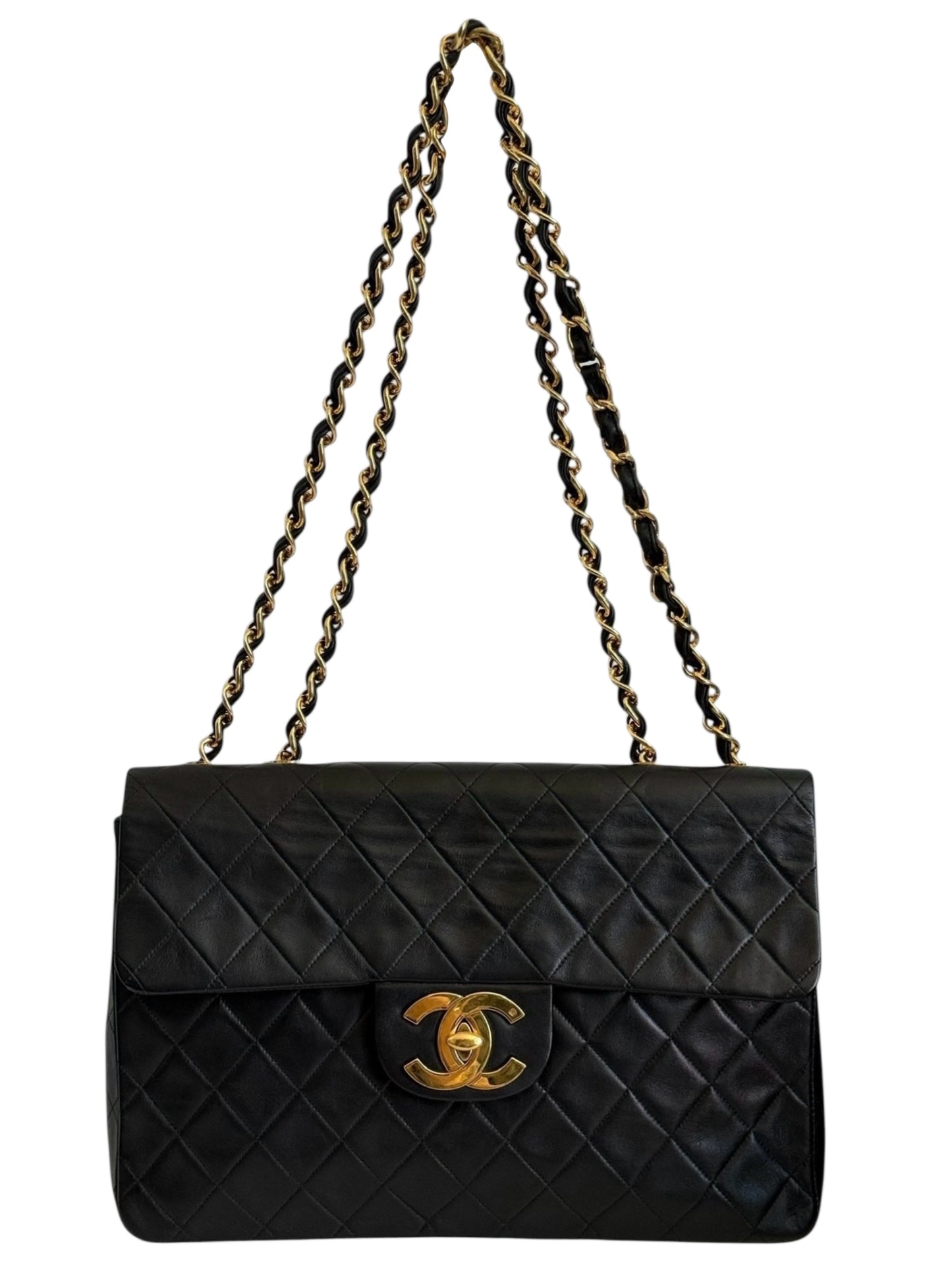 Chanel Vintage 90s Black Quilted Lambskin Maxi Classic Single Flap Bag with 24K GPHW
