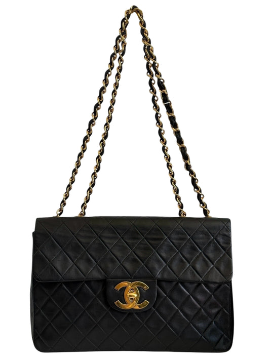 Chanel Vintage 90s Black Quilted Lambskin Maxi Classic Single Flap Bag with 24K GPHW