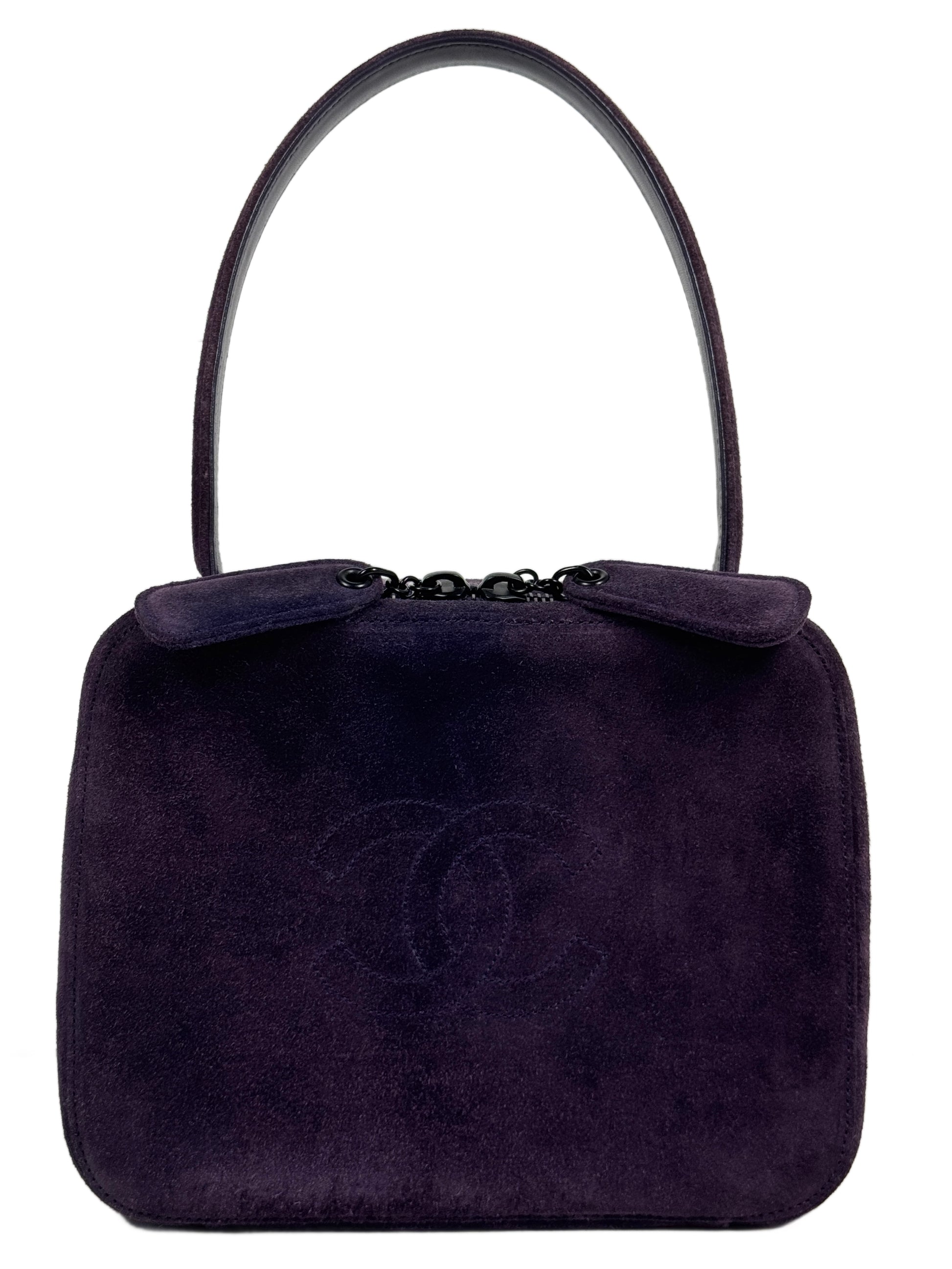 Chanel Vintage 90s Purple Eggplant Suede CC Top Handle Vanity Shoulder Bag