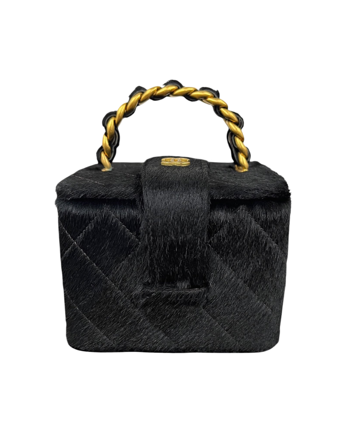 Chanel Vintage Early 90s Black Quilted Pony Hair Vanity Trunk Top Handle Clutch with AGHW