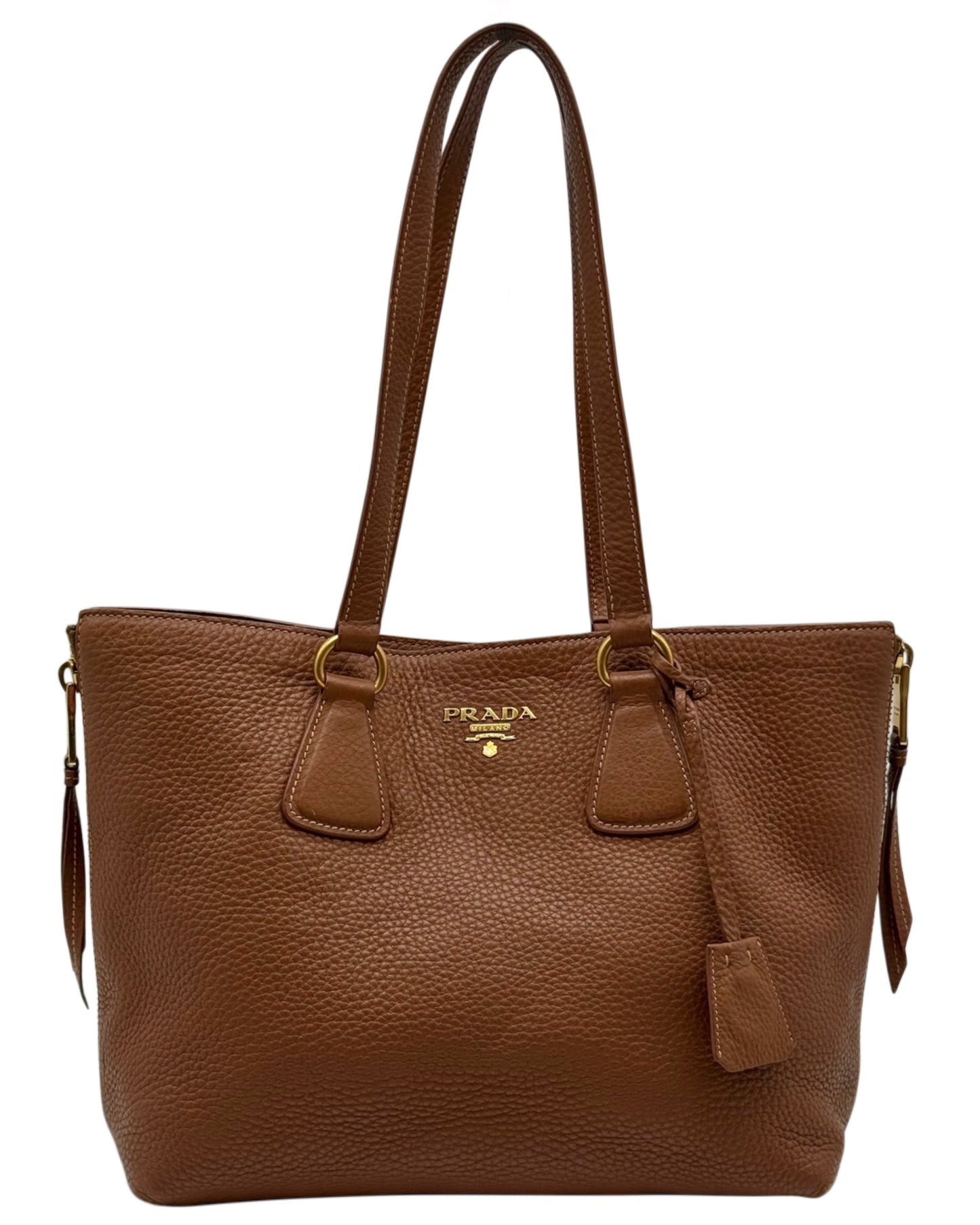 Prada Brown Leather Vitelo Daino Side Zip Shoulder Tote Bag