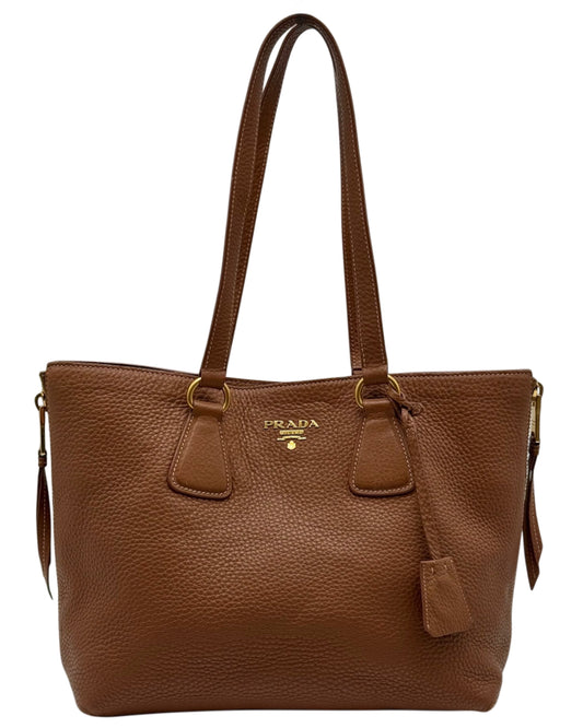 Prada Brown Leather Vitelo Daino Side Zip Shoulder Tote Bag