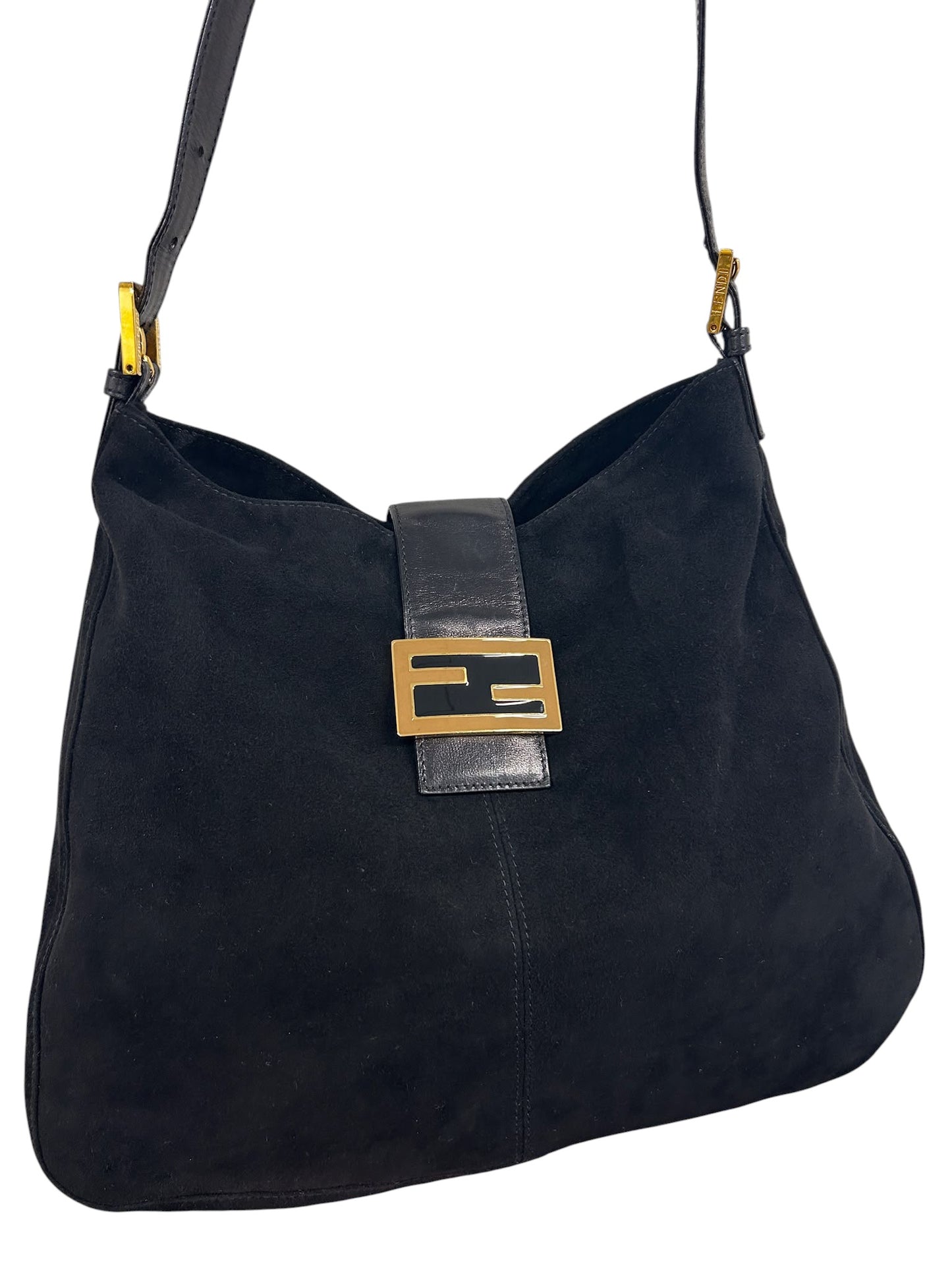 Fendi Vintage Black Suede Large Hobo Crossbody Messenger Baguette Bag 