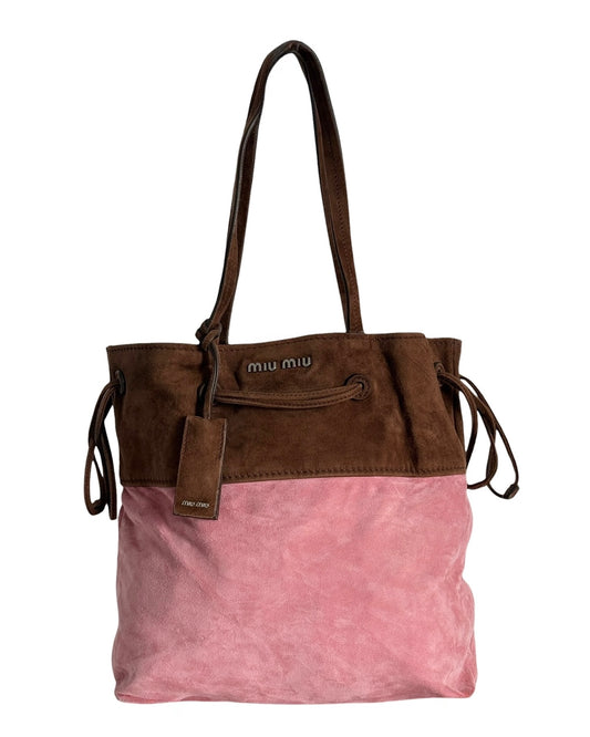 Miu Miu Vintage Colorblock Pink & Brown Suede Shopping Tote Shoulder Bag