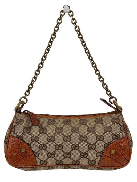 Gucci Vintage Brown GG Monogram Canvas Orange Leather Trim Chain Link Studded Shoulder Pochette Bag