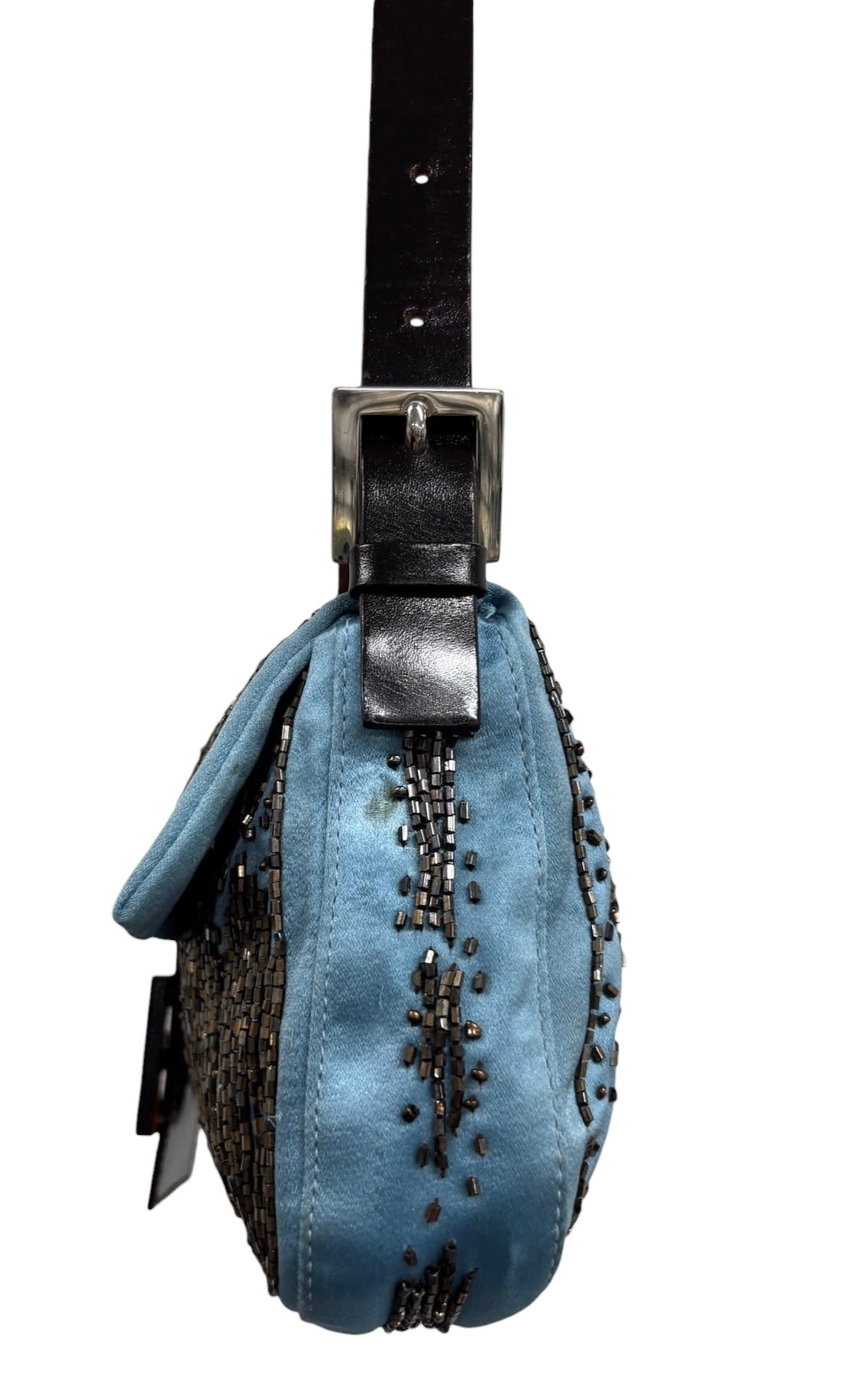 Fendi Vintage Blue Silk Beaded Orange Lizard Trim Shoulder Baguette Bag 