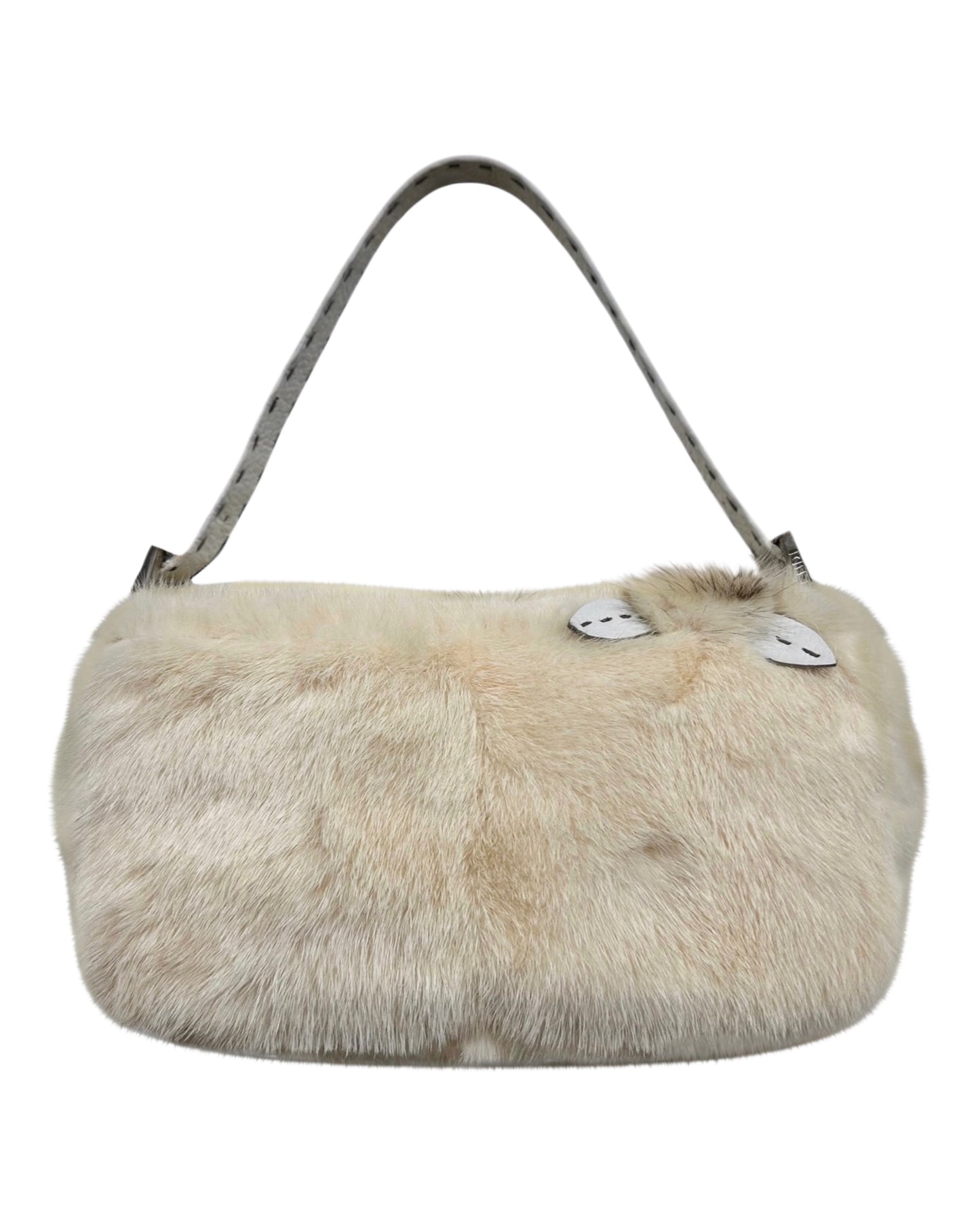 Fendi Vintage Ivory Rabbit Fur Selleria Leather Trim Shoulder Baguette Bag with Rose Details