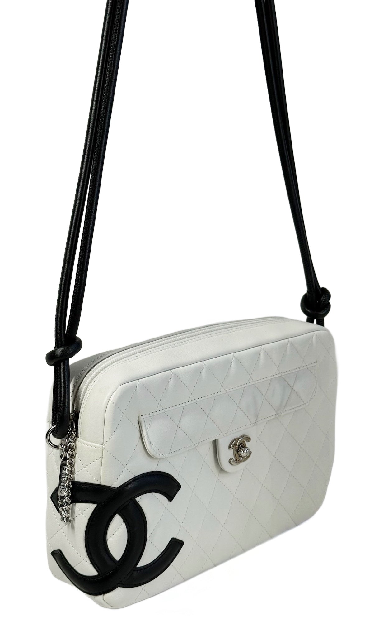 Chanel Vintage 00s White Quilted Lambskin Black CC Cambon Small Messenger Shoulder Bag — Repainted