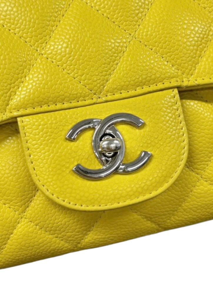 Chanel Yellow Quilted Caviar Jumbo Classic Single Flap Bag with Silver Hardware 