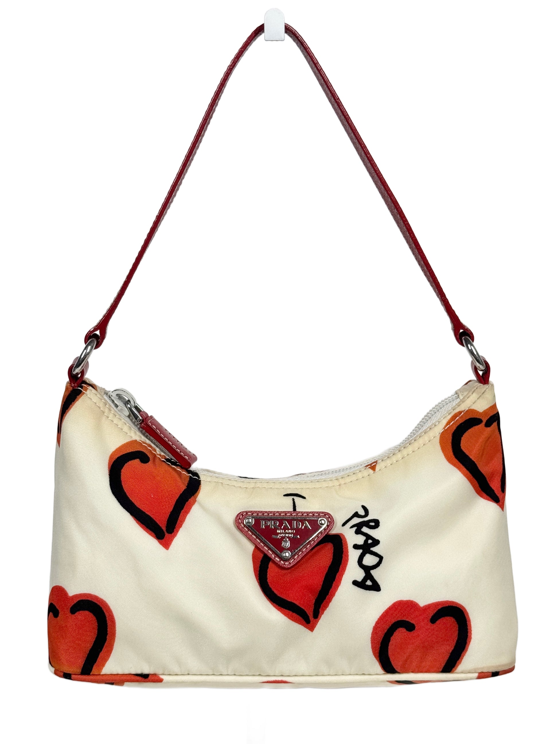 Prada Vintage White Nylon Red Heart Logo Pochette Shoulder Bag