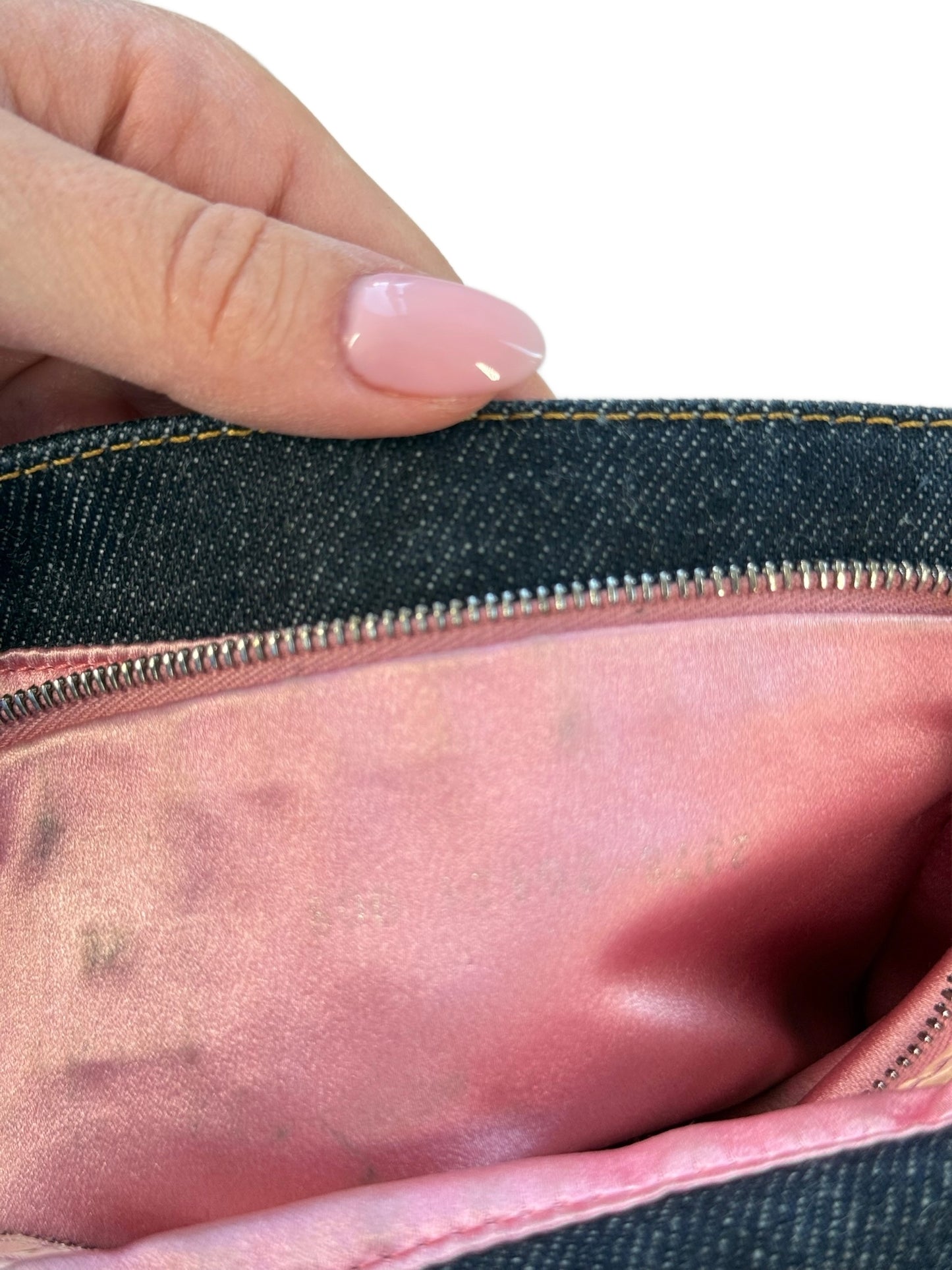 Fendi Vintage Blue Denim Pink Lizard Trim Green Fringe Beaded Embroidered Shoulder Baguette Bag