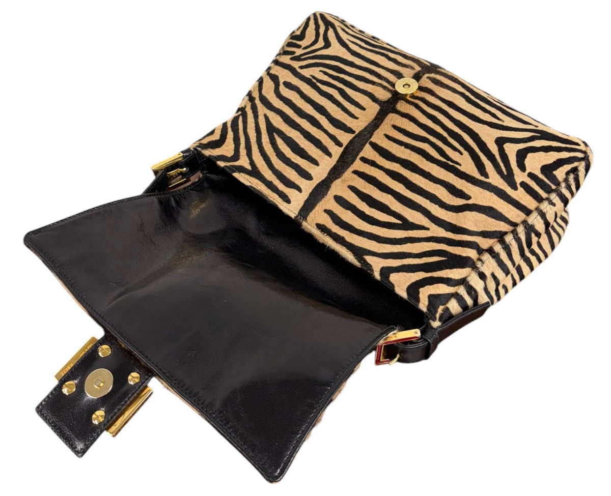 Fendi Vintage Beige Zebra Print Pony Hair Mamma Baguette Shoulder Bag with Red Enamel Trim