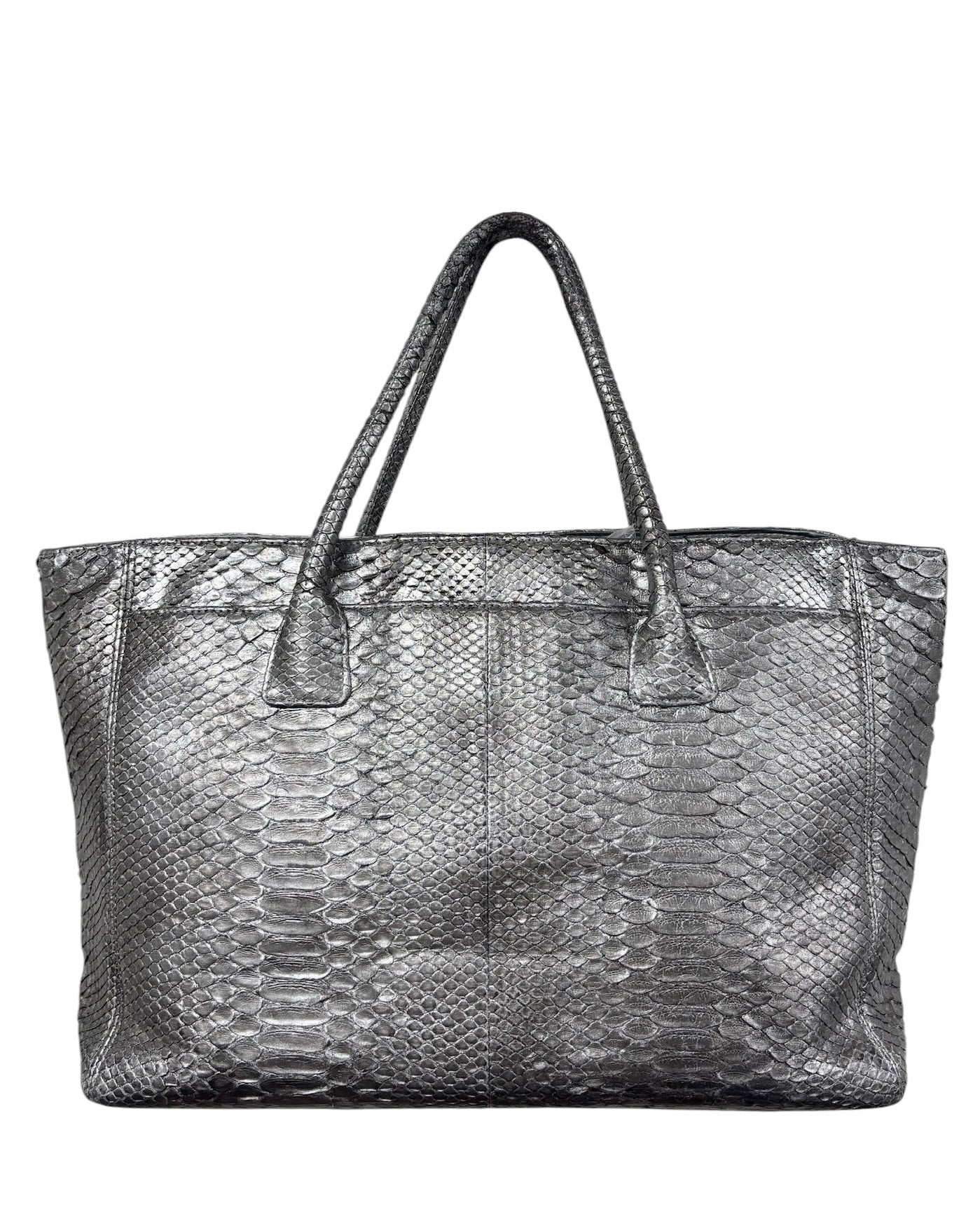 Chanel Vintage 00s Metallic Silver Python XL Cerf Executive Shoulder Tote Bag
