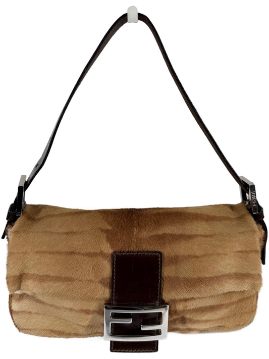 Fendi Vintage Brown Beige Giraffe Print Pony Hair Shoulder Baguette Bag