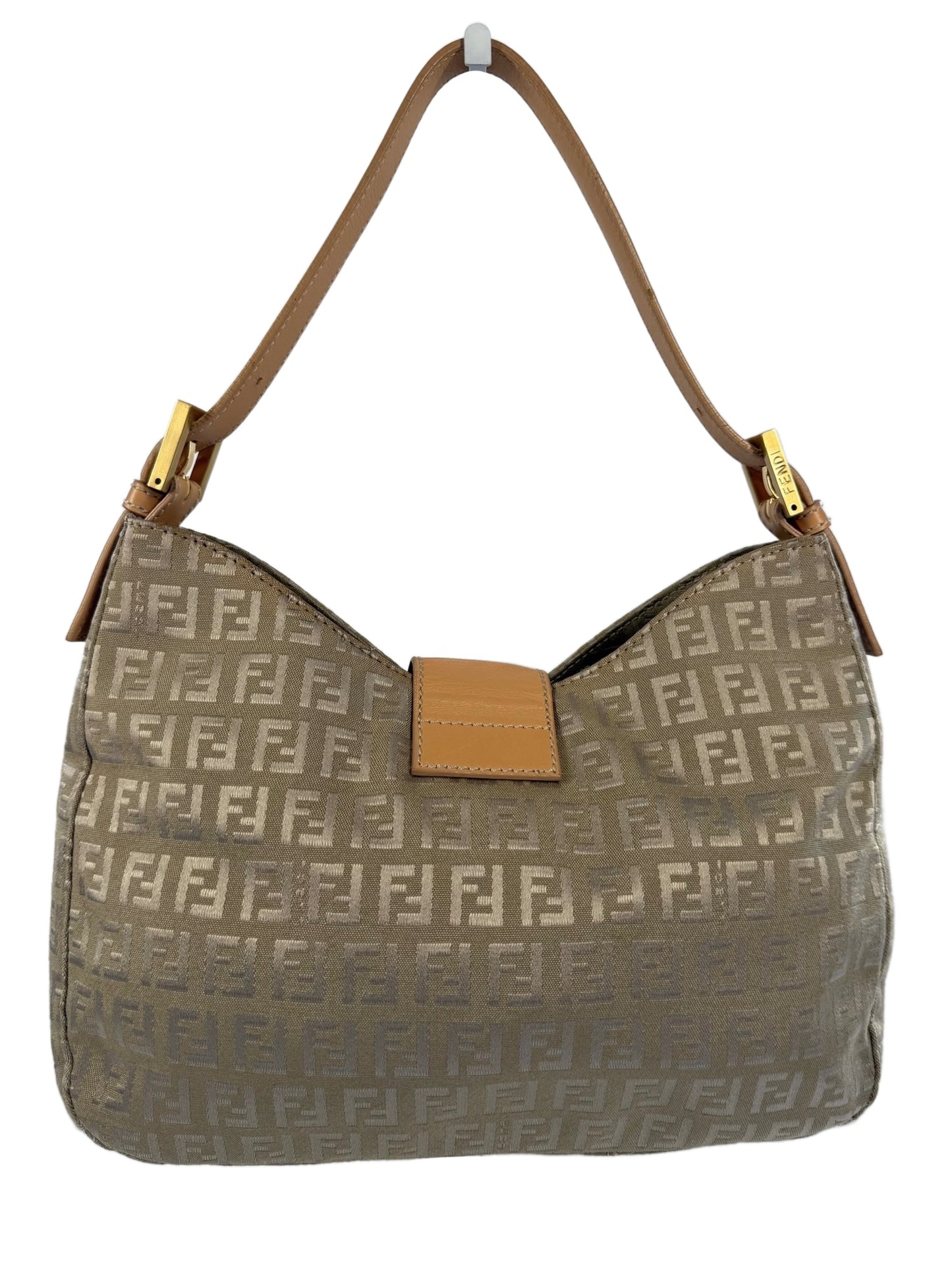 Fendi Vintage Beige Gold Zucca Monogram Hobo Shoulder Baguette Bag