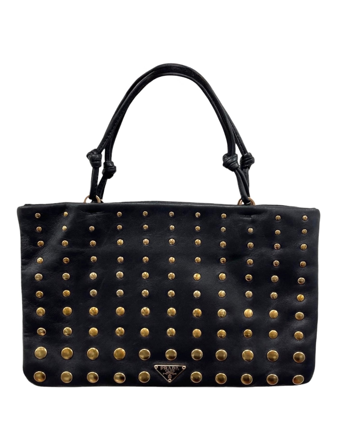 Prada Vintage Black Lambskin Gold Studded Mini Top Handle Pochette
