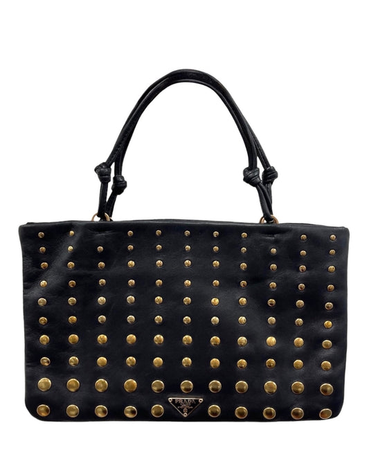 Prada Vintage Black Lambskin Gold Studded Mini Top Handle Pochette