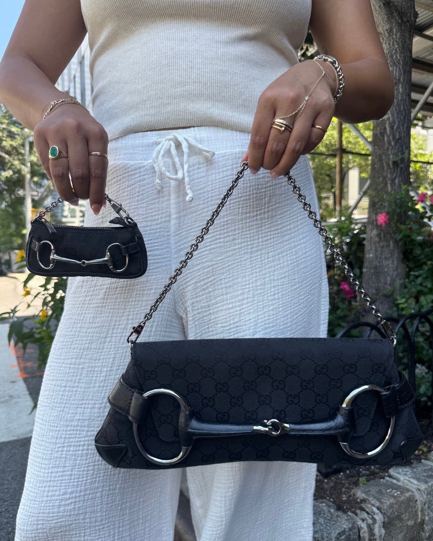 Gucci Vintage Black GG Monogram Horsebit Large Clutch Shoulder Bag