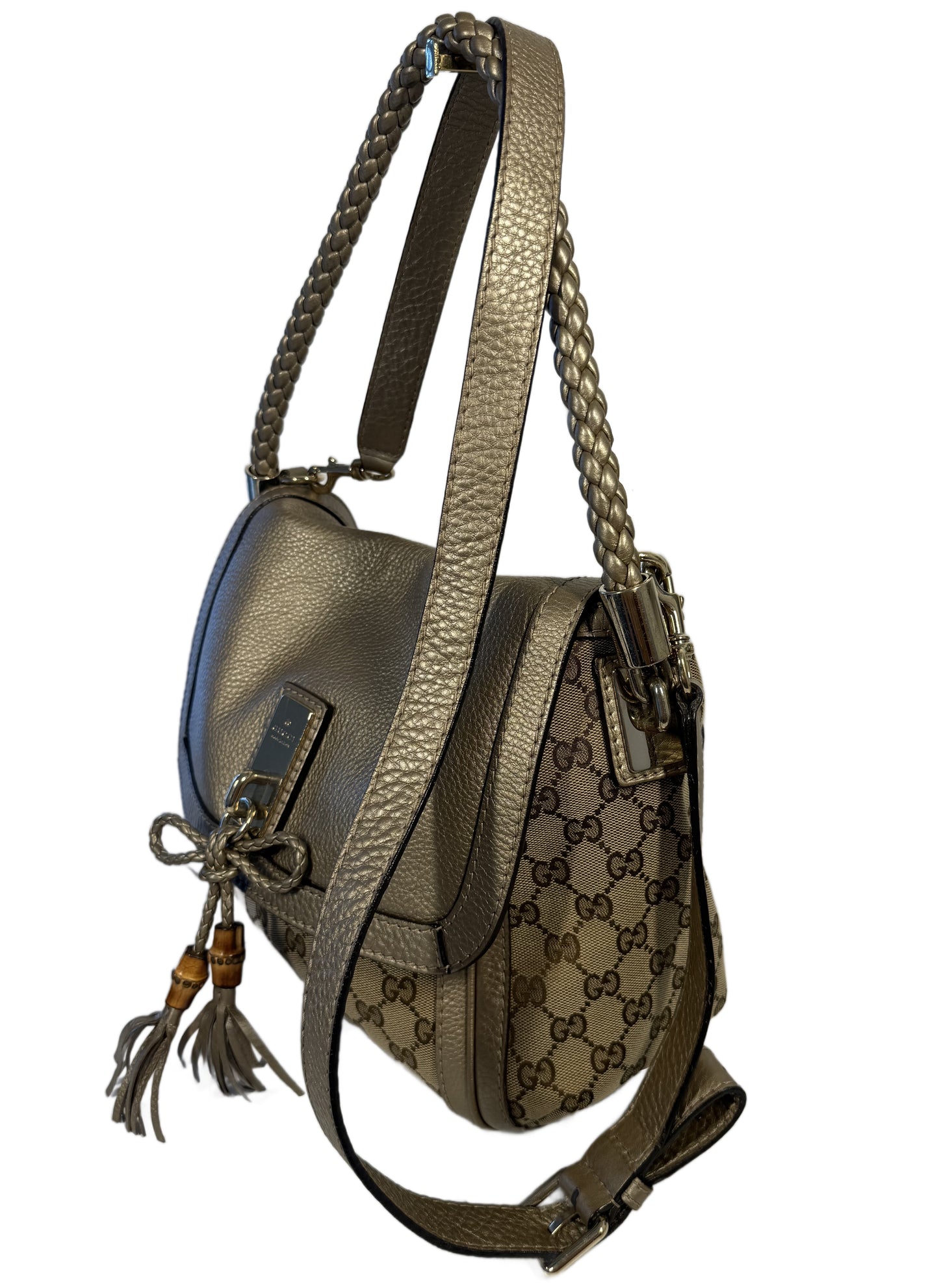 Gucci Vintage Brown GG Monogram Canvas & Gold Leather Bella Bow Flap Medium Shoulder & Crossbody Bag