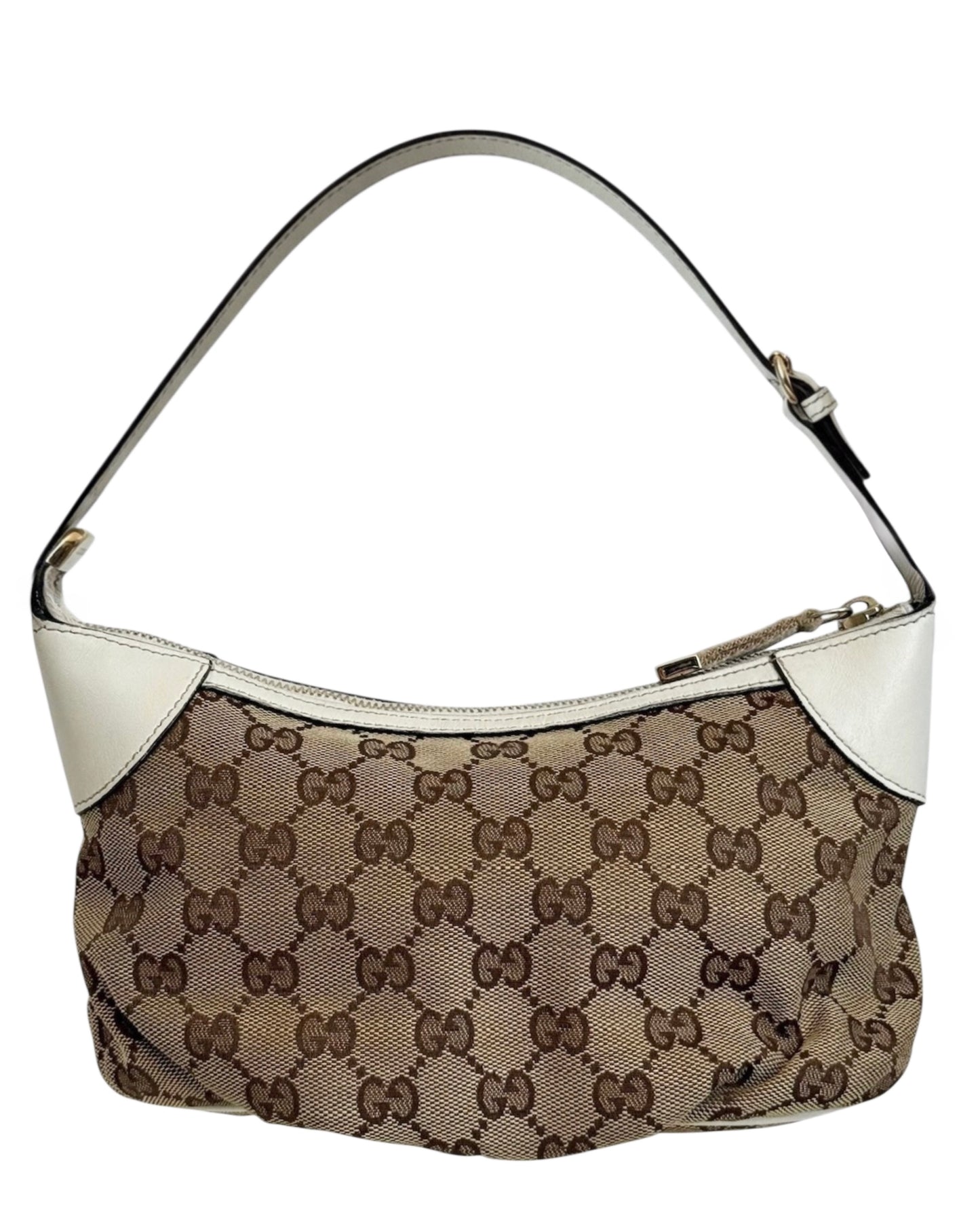 Gucci Vintage Brown GG Monogram Ivory Leather Trim Striped Pull Ruffle Small Pochette Bag