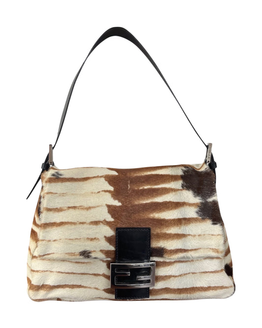 Fendi Vintage Ivory & Brown Animal Print Pony Hair Mamma Shoulder Baguette Bag
