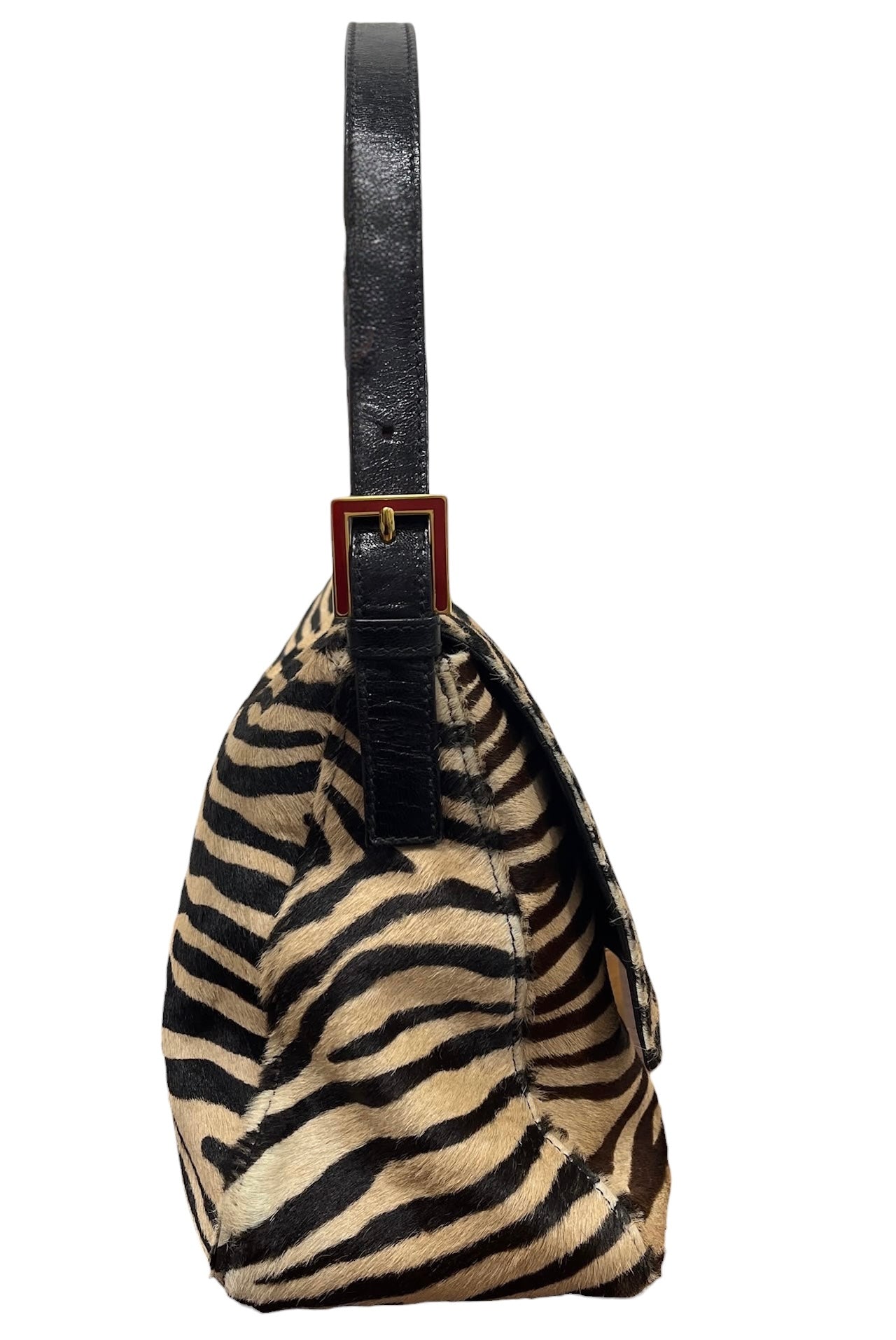 Fendi Vintage Zebra Print Pony Hair Mamma Baguette Shoulder Bag with Red Enamel Trim