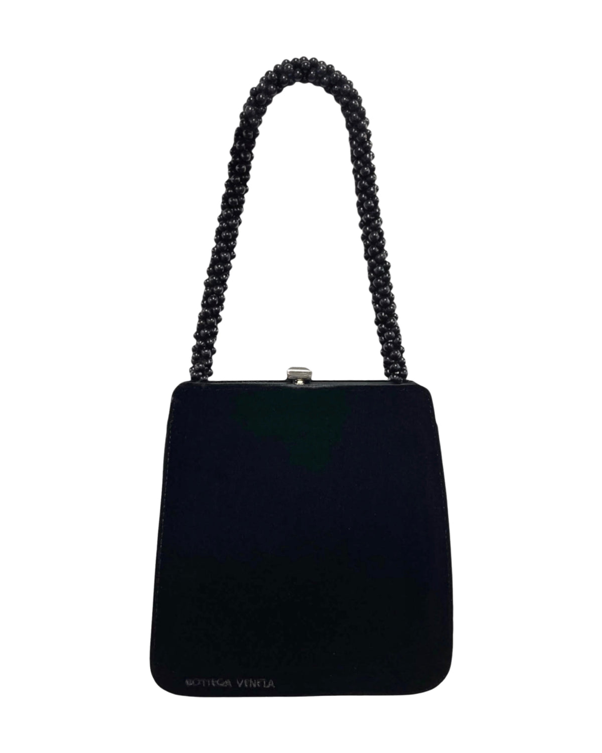 Bottega Veneta Vintage Black Velvet Kisslock Shoulder Bag with Beaded Handle Detail & Mirror