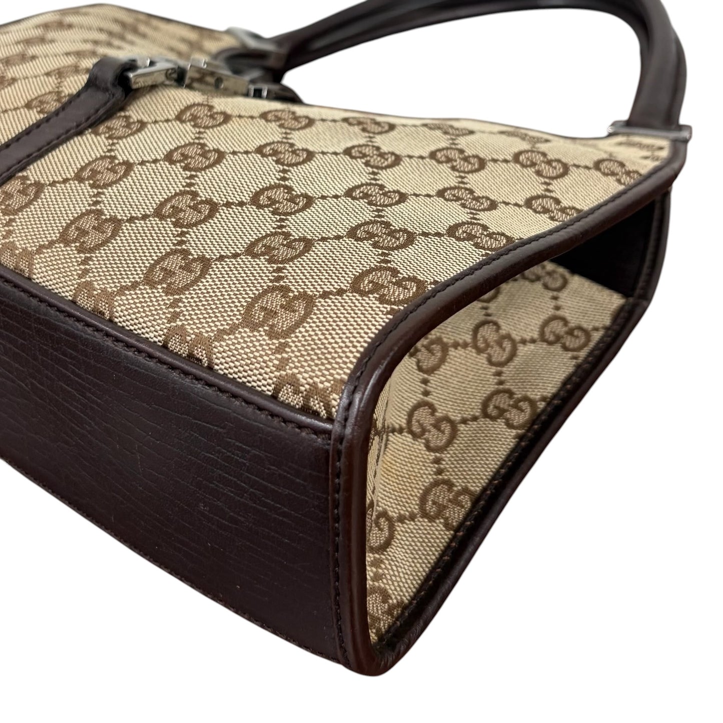 Gucci Vintage Brown GG Monogram Dark Brown Leather Trim Small Jackie Shoulder Bag