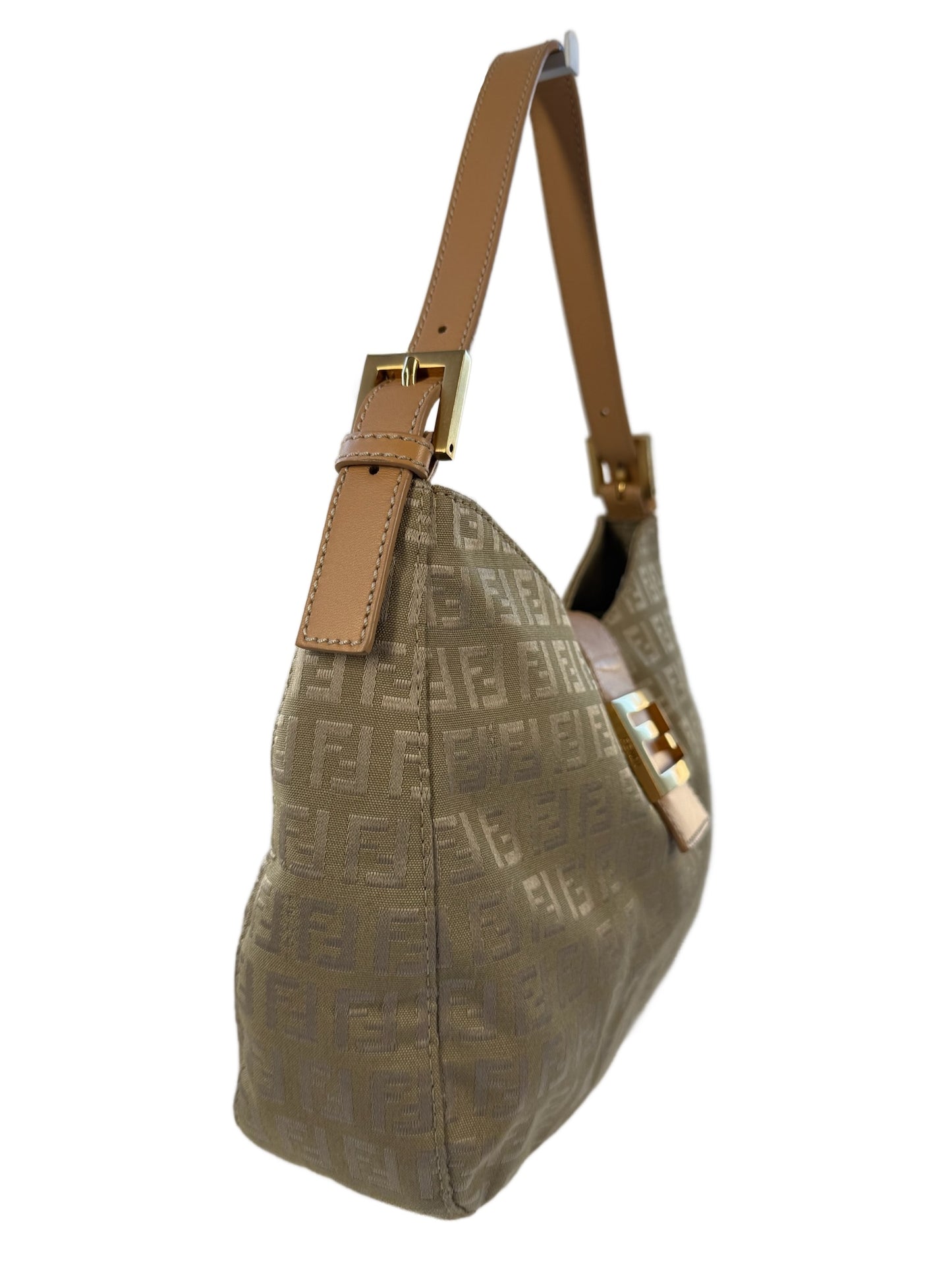 Fendi Vintage Beige Gold Zucca Monogram Hobo Shoulder Baguette Bag