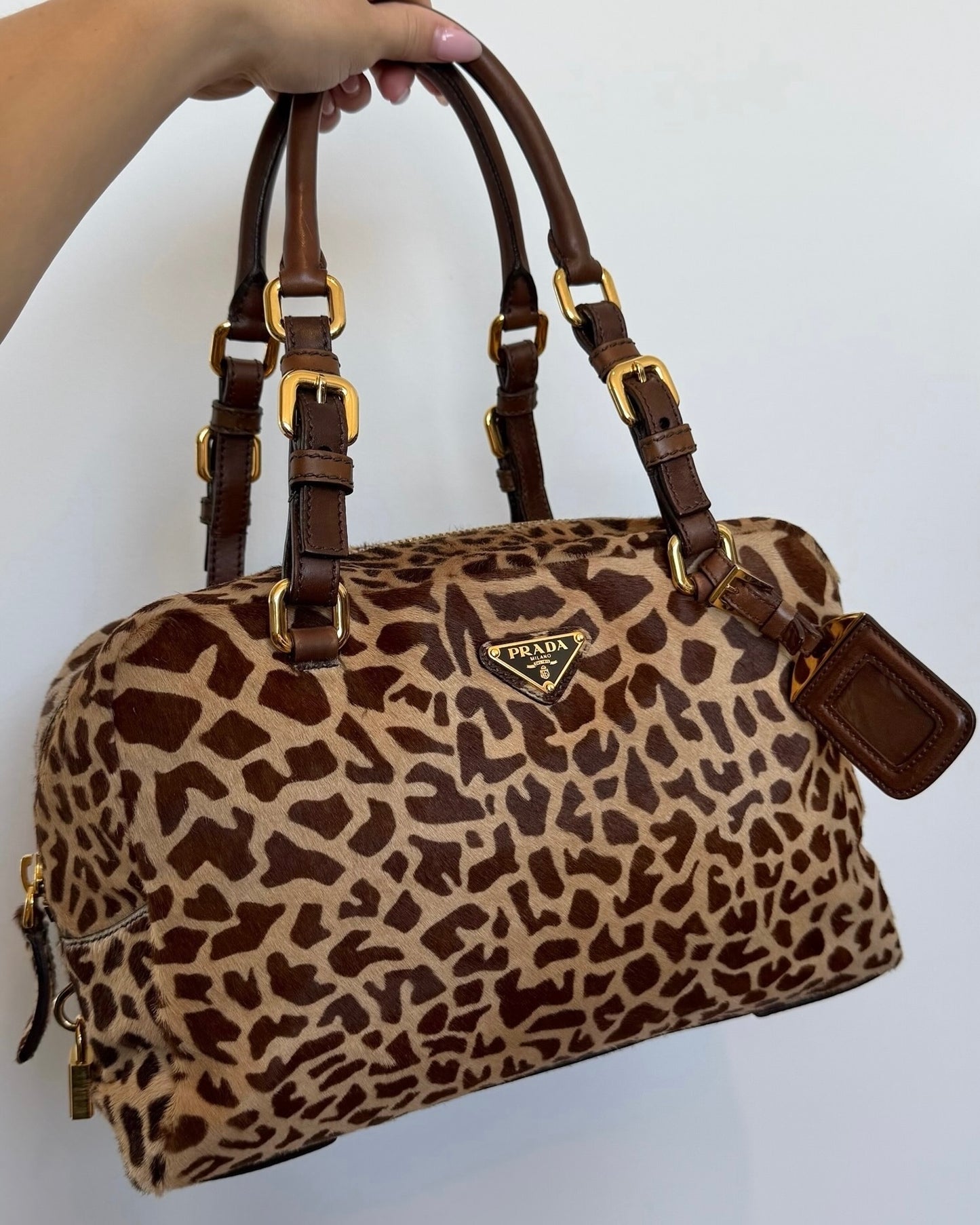 Prada Vintage Brown Giraffe Print Pony Hair Medium Bowler Boston Shoulder Bag