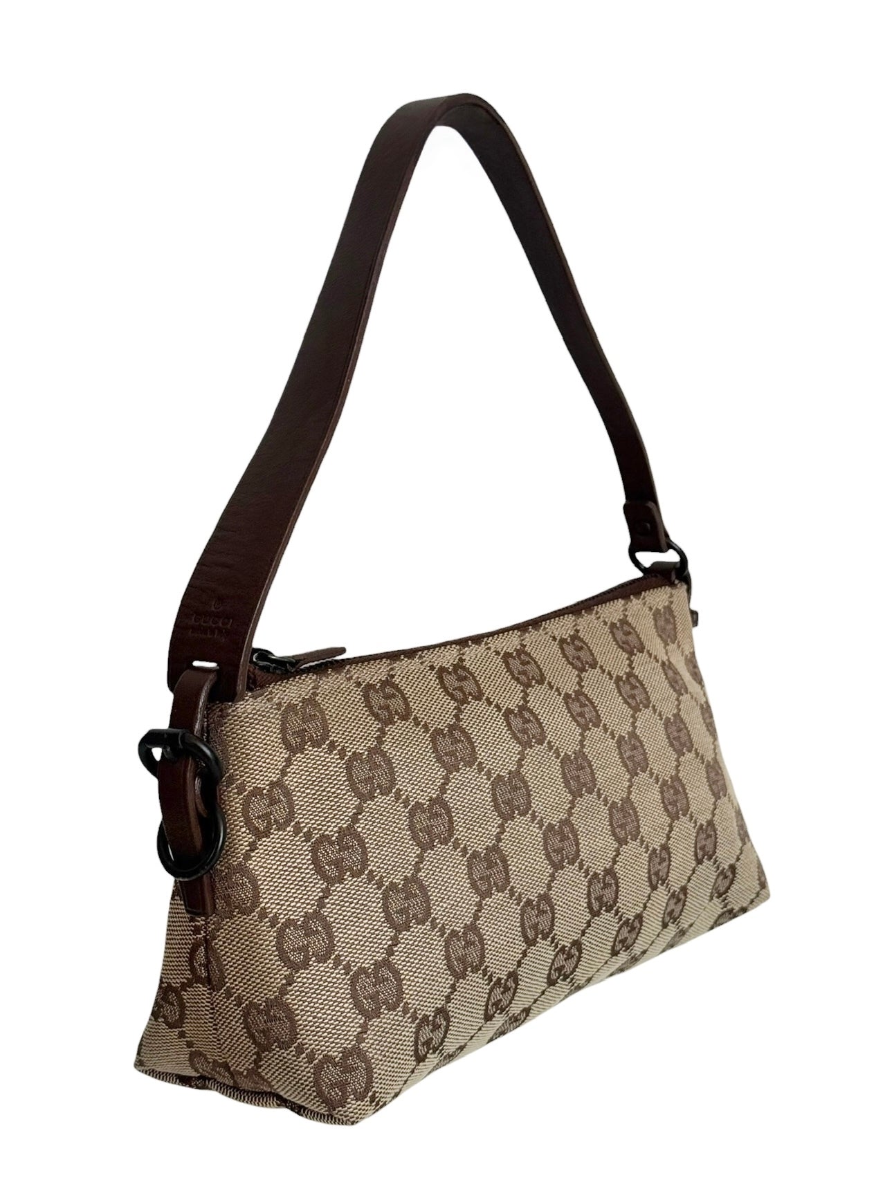 Gucci Vintage Brown GG Monogram Small Pochette Shoulder Bag with Dark Brown Leather Trim